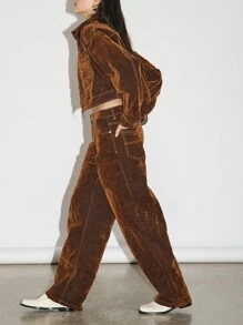 AiiRZ Denim Flocked Button Front Jacket And Baggy Jeans Two-Piece Co-Ord Set - Brown - View 5