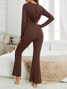 Pijama de una pieza informal con capucha y costillas en unicolor para mujer en otoño
