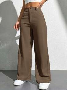 SHEIN PETITE Women Casual Solid Color Straight Leg Pants