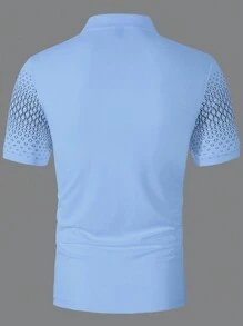 Manfinity Homme 男士休闲几何印花短袖 Polo 衫，夏季 - 藍色 - 查看 2