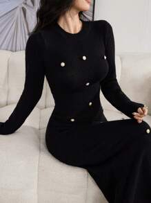 Modelyn 女士优雅纯色纽扣装饰紧身针织毛衣连衣裙，秋冬 - 黑色 - 查看 4
