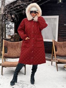 Calvaya 加大码纽扣拉链抽绳连帽加厚棉服外套冬季 - 紅色 - 查看 6