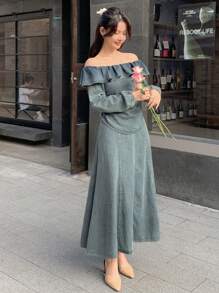 DAZY Women Elegant Off Shoulder Ruffle Top & Denim Skirt 2 Pieces Outfit, Suitable For Autumn