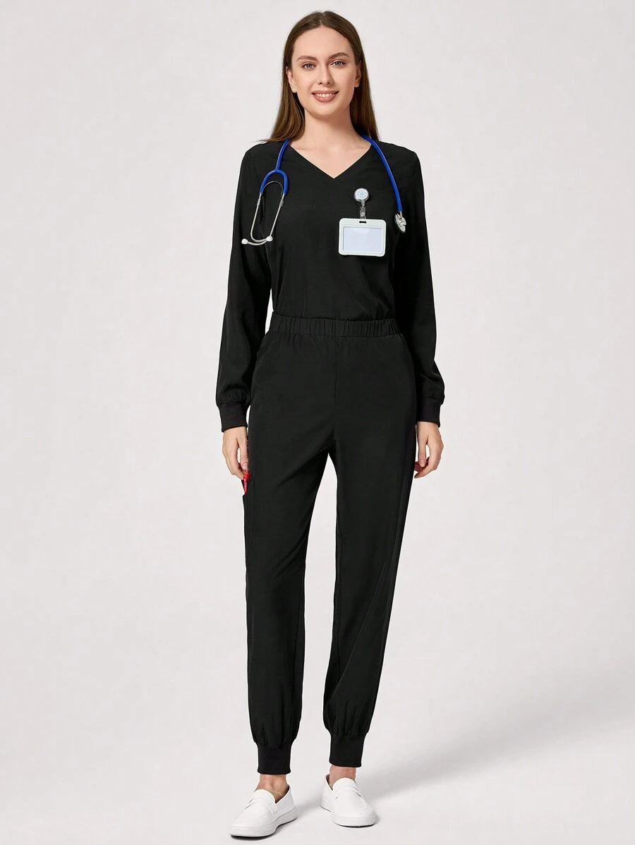 TaskEZ V-Neck Long-Sleeved Health Check Surgical Gown Scrub Uniform Sets For Women Solid Color Pet Grooming Work Scrub Uniform Set Nutritionist Work Clothes Short-Sleeved Laboratory Work Clothes Women's Two-Piece Suit, Multi-Pocket Functional Work Clothes, Top Collar With Buttons For Easy On And Off, Bottom Elastic Belt For Easy On And Off