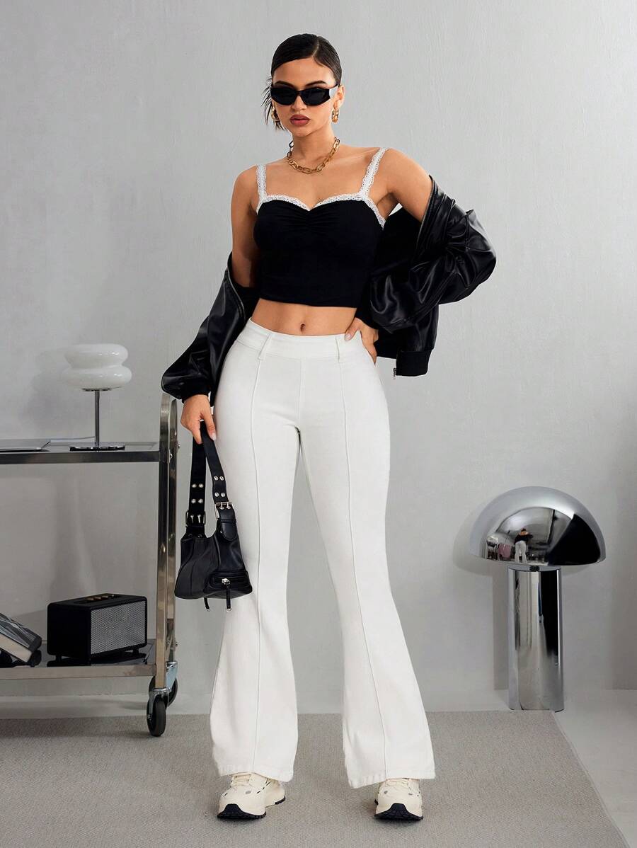 SHEIN Essnce Celana Jeans Wanita Kasual Model Flare dengan Motif Garis Tusuk Gigi, Serbaguna - Putih - View 1