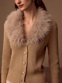 MOTF PREMIUM 蓬松拼接宽下摆开衫 - 卡其色 - 查看 3