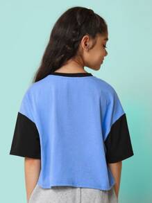 SUMWON Tween Girls Crop Fit Colour Block Sleeve Tee With Graphic Print