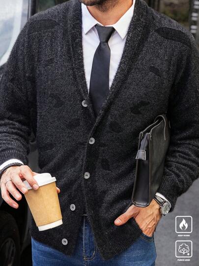 Manfinity Mode Men Casual Daily Contrast Button Up Shawl Collar Cardigan, Autumn/Winter