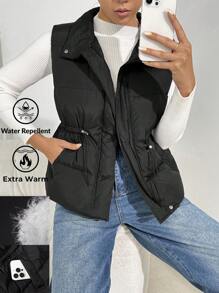 SHEIN Essnce Women's Solid Color Sleeveless Zipper Pockets Down& Feathers Jacket,Down& Feathers Vest,Winter Women Jacket - Black - View 4