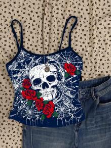 Attitoon Camiseta negra ajustada y sexy con estampado de cráneo de rosa para mujer, para usar en verano
