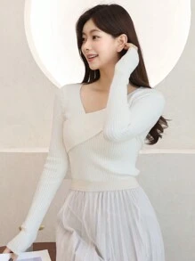DAZY 1 pièce Pull tricoté ajusté asymétrique de couleur unie décontracté pour femmes, vêtements d'automne