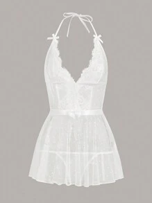 Crystal Vow Wedding Season Lace Splice Polka Dot Mesh Sexy Lingerie Dress Bridallingerie - White - View 6