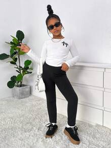 SHEIN Quần legging lót nhiệt co giãn màu trơn hiệu NOVA dành cho bé gái tuổi mới lớn - màu đen - Xem 3