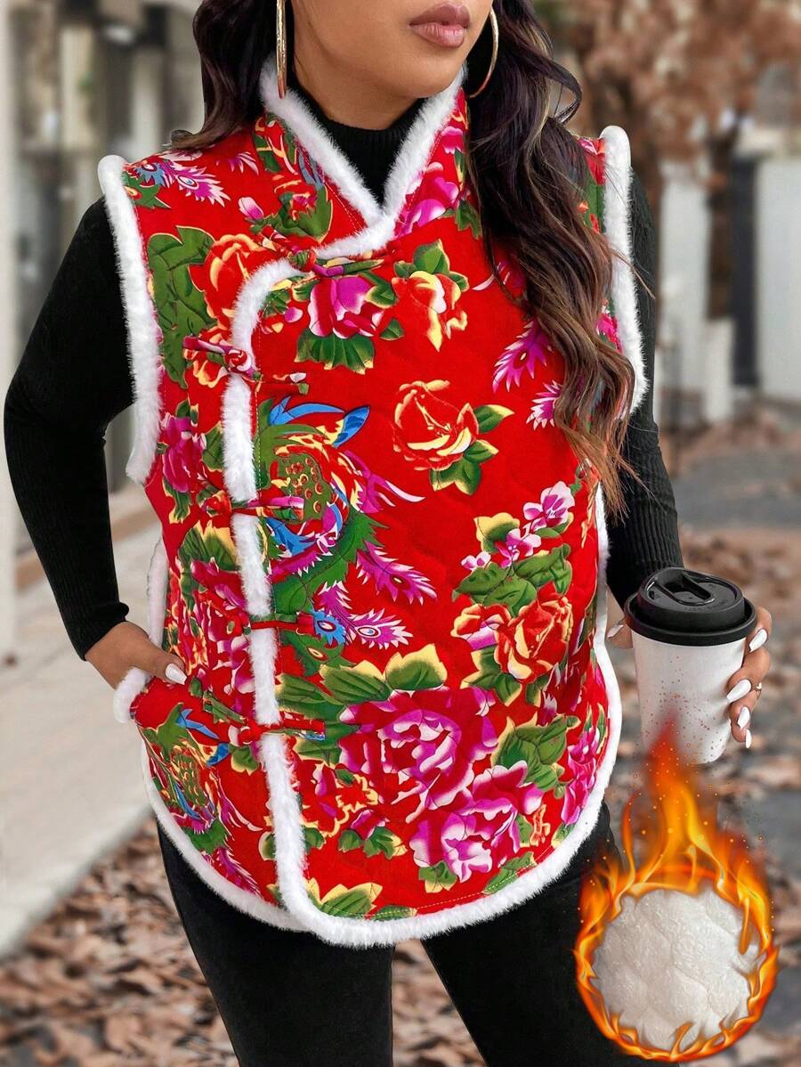 SHEIN LUNE 大码女式花卉图案毛绒拼布填充背心羽绒夹克，冬季服装 - 紅色 - 查看 1