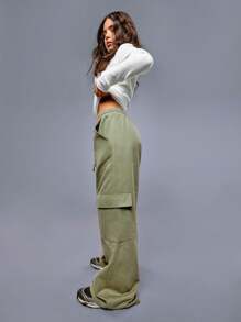 Athîral Women's Casual Solid Color Drawstring Low Waist Flap Pocket Loose Wide Leg Cargo Pants Warm Cold Weather Thermal Fall/Winter - Green - View 2
