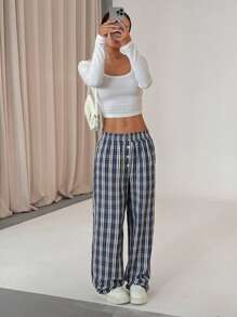 Flirla Women's Fashionable Loose Plaid Straight Leg Pants, Casual Wear