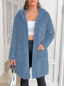 SHEIN EZwear 大码纹理提花保暖夹克，适合冬季 - 藍色 - 查看 2