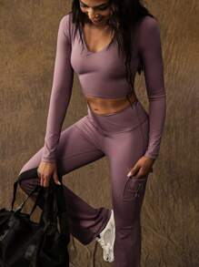 VARSITIE Fall Winter Clothes Women's Solid Color V-Neck Long Sleeve Top And Pants Casual Sportswear Set Flared Leggings Setwomen Activewear Setribbed Leggings Setwinter Two Pieces Setgym Leggings Set