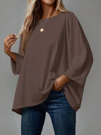 EMERY ROSE 1pc Women's Solid Color Round Neck Long Sleeve Casual T-Shirt