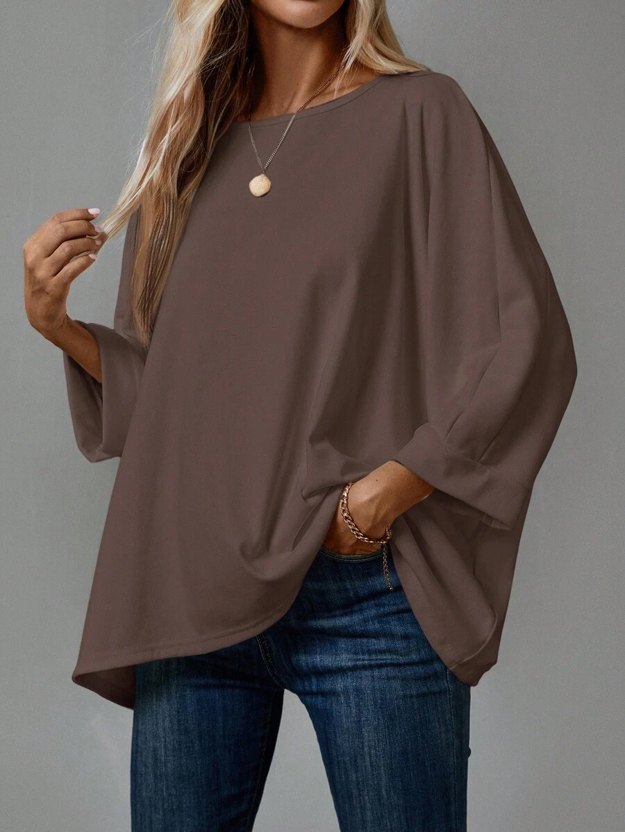 EMERY ROSE 1pc Women's Solid Color Round Neck Long Sleeve Casual T-Shirt