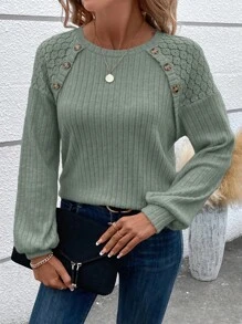 EMERY ROSE 杏色蕾丝拼布纹理女式长袖 T 恤