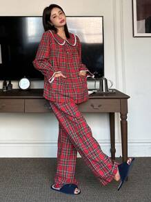 DAZY Cute Christmas Plaid Peter Pan Collar Ruffle Splicing Pajama Set, Fall Winter Clothes