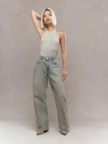 MISSGUIDED Họa tiết áo liền quần có gân hở lưng cổ - Màu be - Xem 4