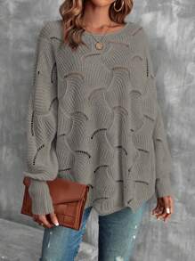 SHEIN LUNE 纯色圆领镂空休闲套头毛衣 - 灰色 - 查看 1