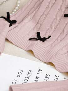 SHEIN Tween Girls Pulover cu mânecă lungă, cu fundă, tricotat, de culoare uni, cu gâtul turn, toamnă/iarnă - Baby Pink - Vizualizare 4