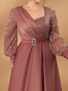 SHEIN Belle 大码闪亮拼色无袖 A 字形灯笼袖礼服，优雅适合晚会、长袖舞会礼服、婚礼宾客礼服、毕业典礼礼服、晚宴礼服、派对礼服 - 藕粉色 - 查看 3