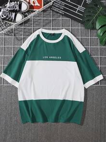 Manfinity Homme Áo thun nam in chữ màu tương phản, rộng rãi, thả vai, mùa hè - màu xanh lá - Xem 3