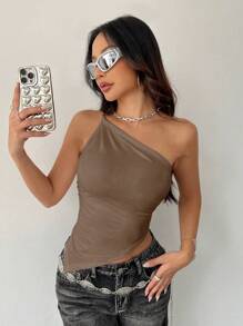 Flirla Women's Solid Color Minimalist Daily Asymmetrical Shoulder Top - Brown - View 3