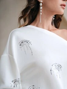 Anewsta Women's Elegant Sequin Embroidered Shoulder Loose Sweatshirt Top Pullover Fall - White - View 4