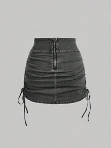SHEIN MOD Women's Casual Lace-Up Simple Back Zip Denim Mini Skirt - Dark Grey - View 2