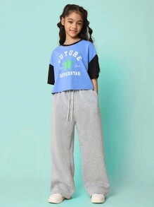 SUMWON Tween Girls Crop Fit Colour Block Sleeve Tee With Graphic Print