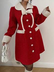 Celure Vestido casual de fiesta para citas, reuniones y uso diario, elaborado en tela de bucle roja para Navidad, con cuello redondo, botones, lazo y bolsillo, para mujeres de talla grande, para otoño/invierno, ropa para Año Nuevo