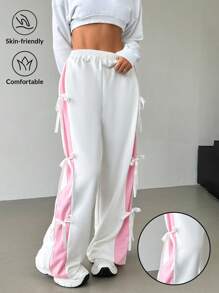 SHEIN EZwear Women's Elastic Waist Contrast Color Straight Leg Casual White Sweatpants With Bow Tie Graduation,Back To School Outfits,Graduation,Teacher Outfits For Women,Back To School
