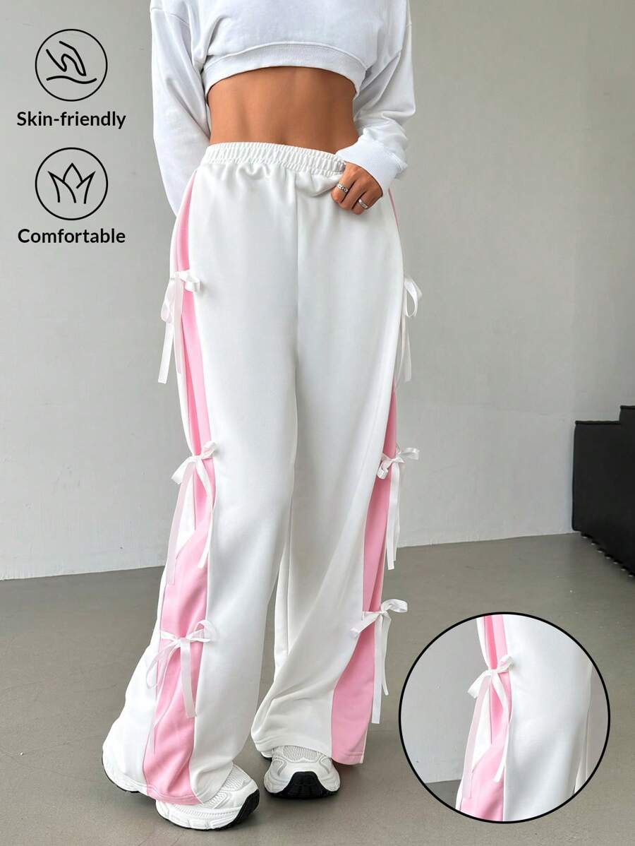 SHEIN EZwear Women's Elastic Waist Contrast Color Straight Leg Casual White Sweatpants With Bow Tie Graduation,Back To School Outfits,Graduation,Teacher Outfits For Women,Back To School
