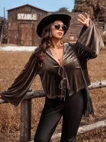 SHEIN VCAY 大码度假韩国绒毛喇叭袖系带衬衫圣诞服装女士度假服装女士西部西部女士服装波西米亚风女士服装外出服装天鹅绒上衣 - 咖啡棕 - 查看 1