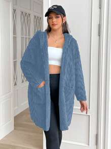 SHEIN EZwear 大码纹理提花保暖夹克，适合冬季 - 藍色 - 查看 7