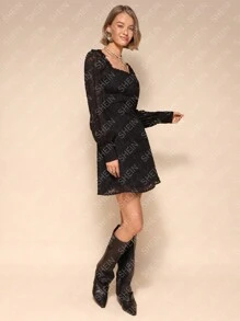 Chiquease 1pc Romantic Fashionable & Elegant Long Sleeve Jacquard Pattern Dress - Black - View 6