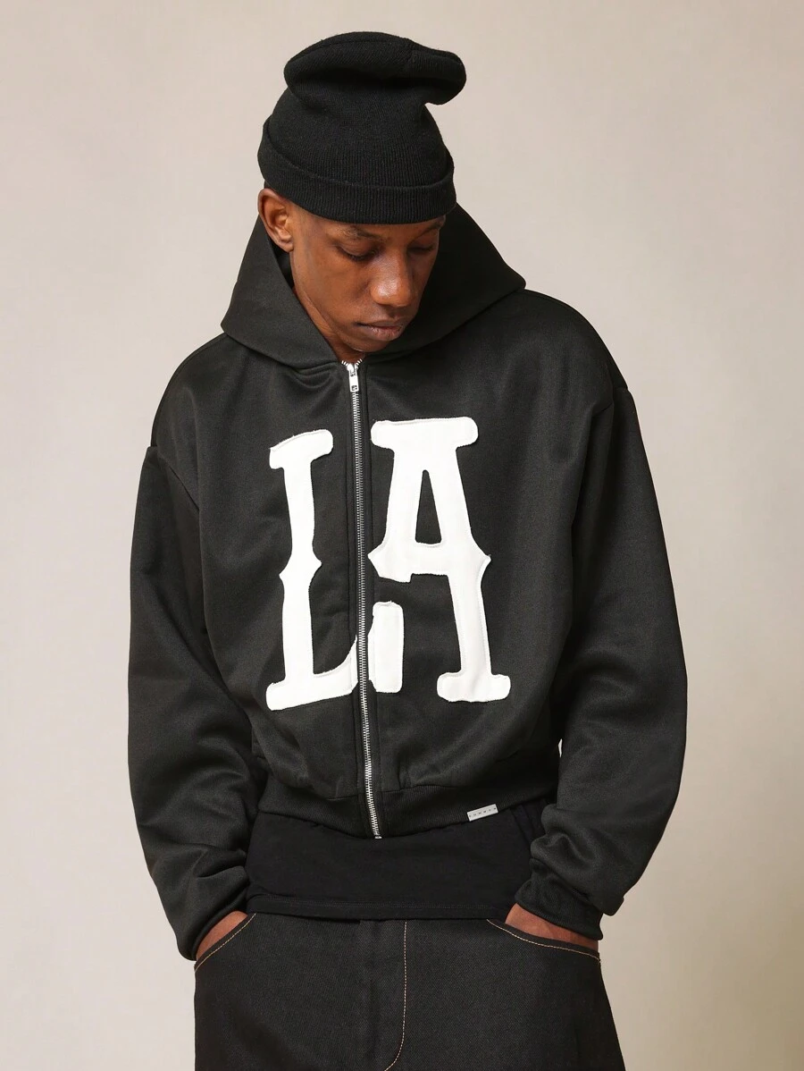 SUMWON Áo hoodie khóa kéo toàn phần cao cấp in chữ LA phong cách thể thao cổ điển cỡ lớn mặc thường ngày mùa đông thu ấm áp mặc thể thao Varsity College - màu đen - Xem 1