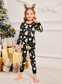SHEIN Young Girl Cozy Christmas Tree Graphic Crew Neck Raglan Long Sleeve T-Shirt & Pajama Pants 2 Pieces Snug Fit Sleepwear Set, Soft And Comfortable Home Wear, Mommy And Me Matching Outfits (3 Sets Sold Separately) - Black - View 6