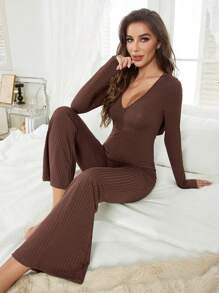 Pijama de una pieza informal con capucha y costillas en unicolor para mujer en otoño