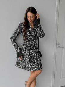 INAWLY Women's Casual V-Neck Polka Dot Print Mini Dress, Autumn