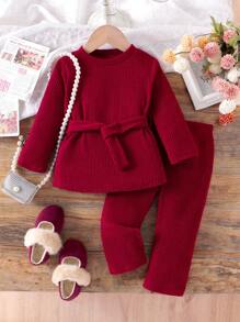 女童针织休闲装，包括带毛茸茸袖口的套头衫和直筒裤，秋季 - 酒紅色 - 查看 1
