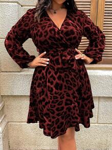 SHEIN Clasi Plus Size Autumn Leopard Print Ruffle Trim Tied Wrap Dress For New Year Clothes