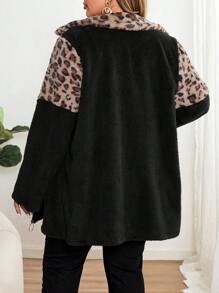 EMERY ROSE Plus Size Leopard Print Patchwork Fluffy Jacket Teddy Coat, Autumn/Winter