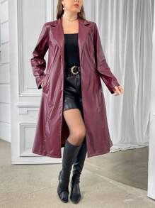 SHEIN Privé Áo khoác da giả dài ấm áp chống gió mới cho nữ cỡ lớn có ve áo, chống nước, mùa thu/đông - Màu Hoa hồng đỏ - Xem 6