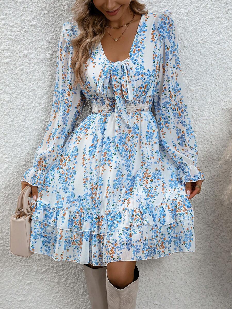 Breezaya Casual Ditsy Floral Shirred Waist Ruffle Hem Dress, Autumn' - White - View 1